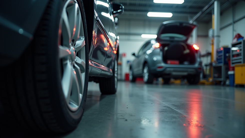 Eye-level view of a mechanic inspecting a car in a workshop