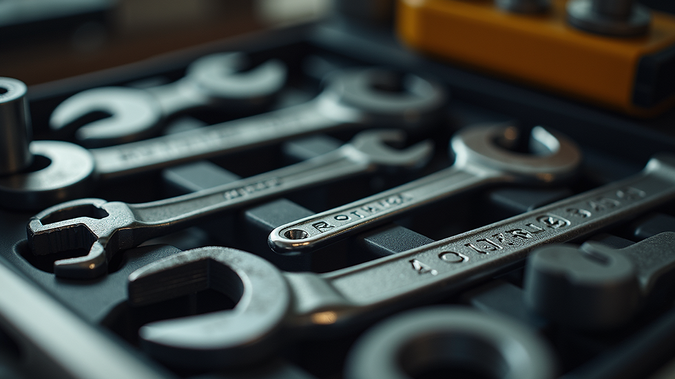 Close-up view of a mechanic’s toolbox with tools laid out neatly