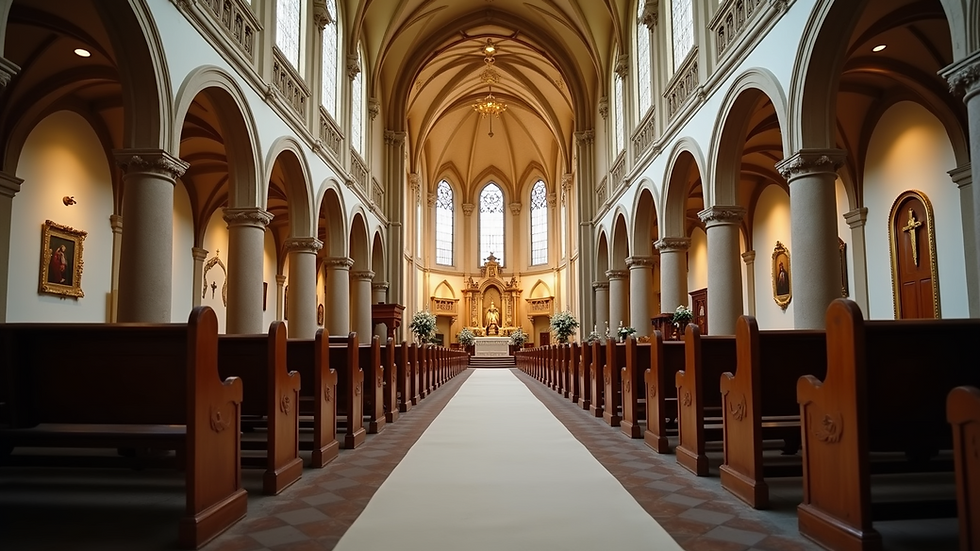 Eye-level view of a baroque chapel decorated for a wedding