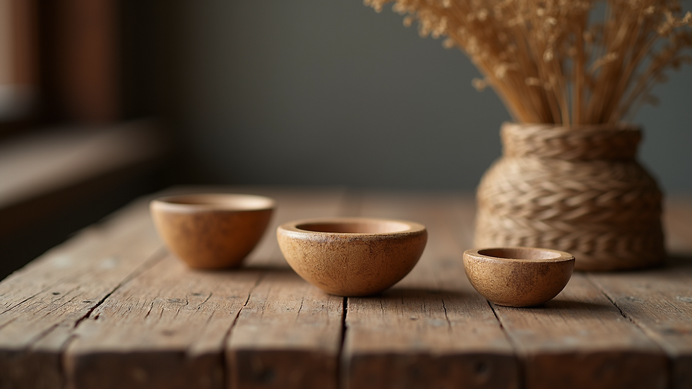 Close-up view of a handcrafted wooden decorative item on a rustic table