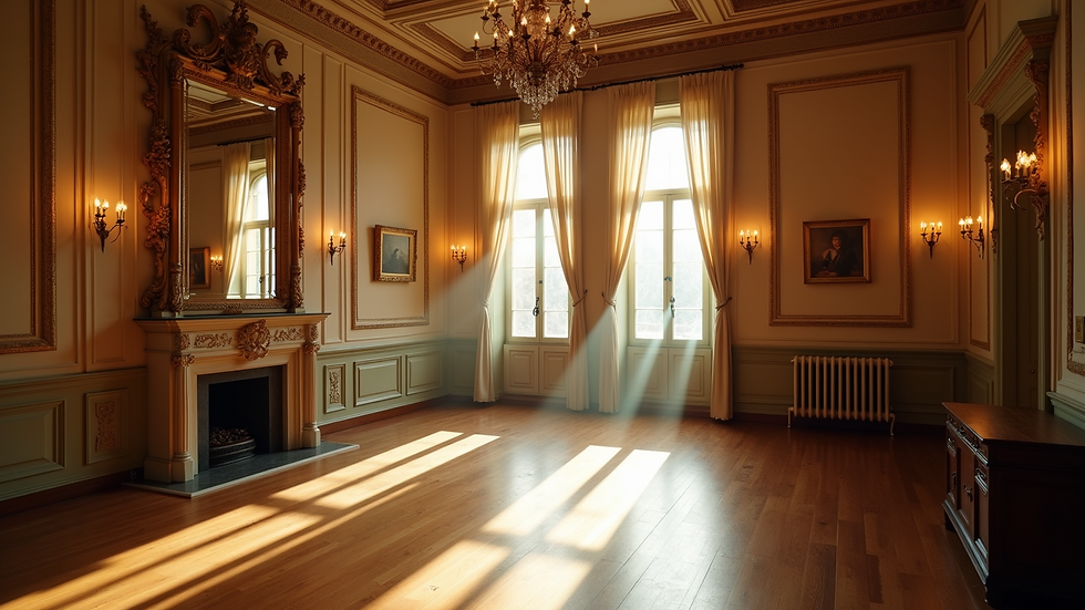 High angle view of a historic European ballroom prepared for a social event