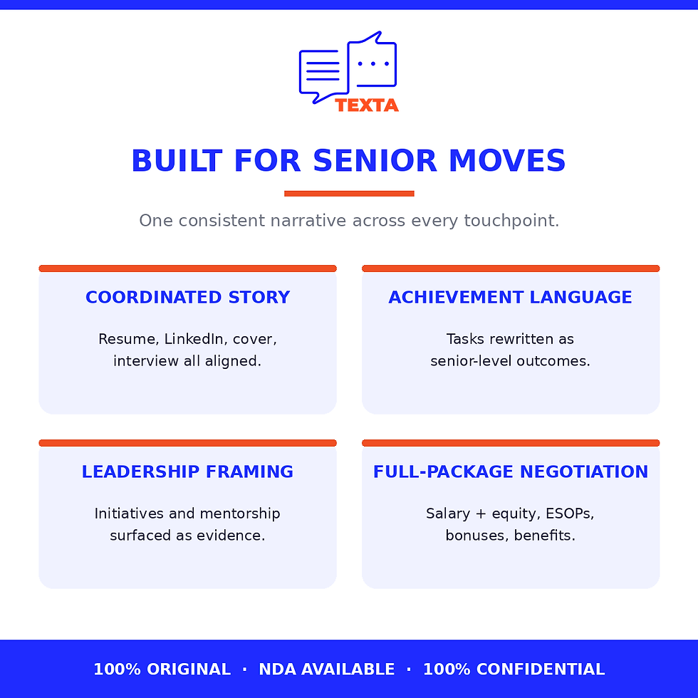 Thumbnail: Why Texta Career Leap Pack works — coordinated story, achievement language, leadership framing, full-package negotiation.