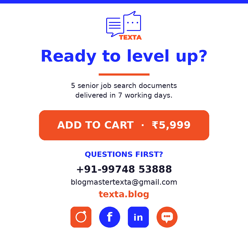Thumbnail: Buy Texta Career Leap Pack for ₹5,999 — 5 senior job search documents delivered in 7 working days for India.
