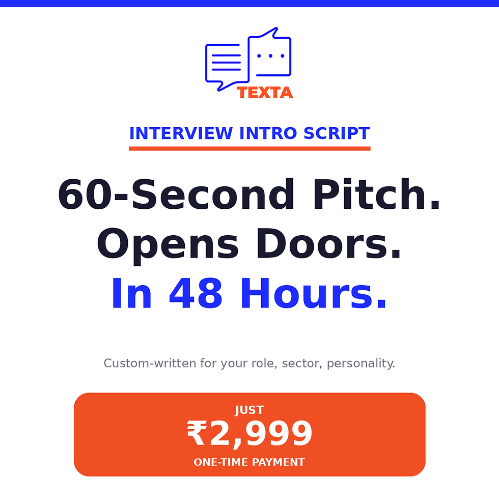 Texta Interview Intro Script — custom 60-second pitch + 3 sector variations for job interviews. ₹2,999. 48 hours.
