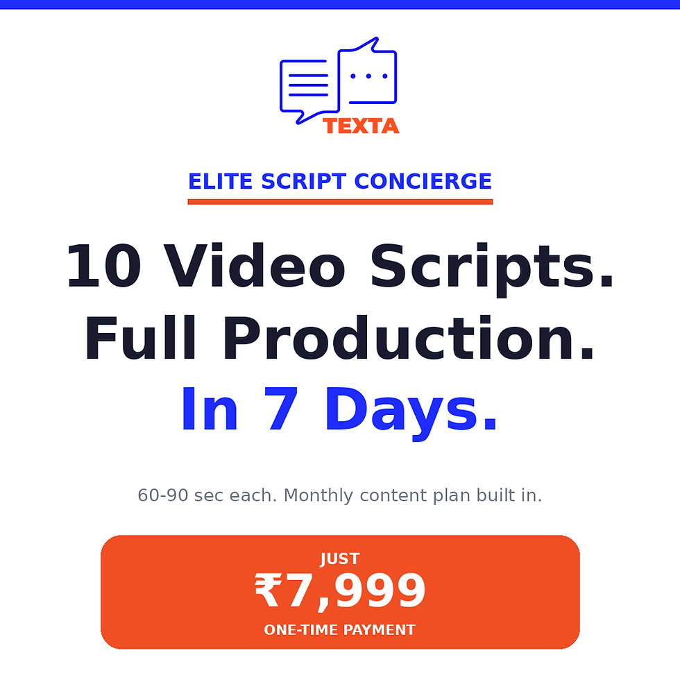 Texta Elite Script Concierge — 10 video scripts + production package for Reels and YouTube Shorts. ₹7,999. 7 days.