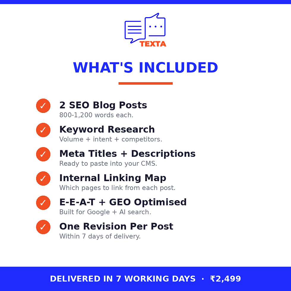 Blog Kickstart Pack — 2 SEO blog posts (800-1,200 words), keyword research, meta titles, internal linking map, E-E-A-T