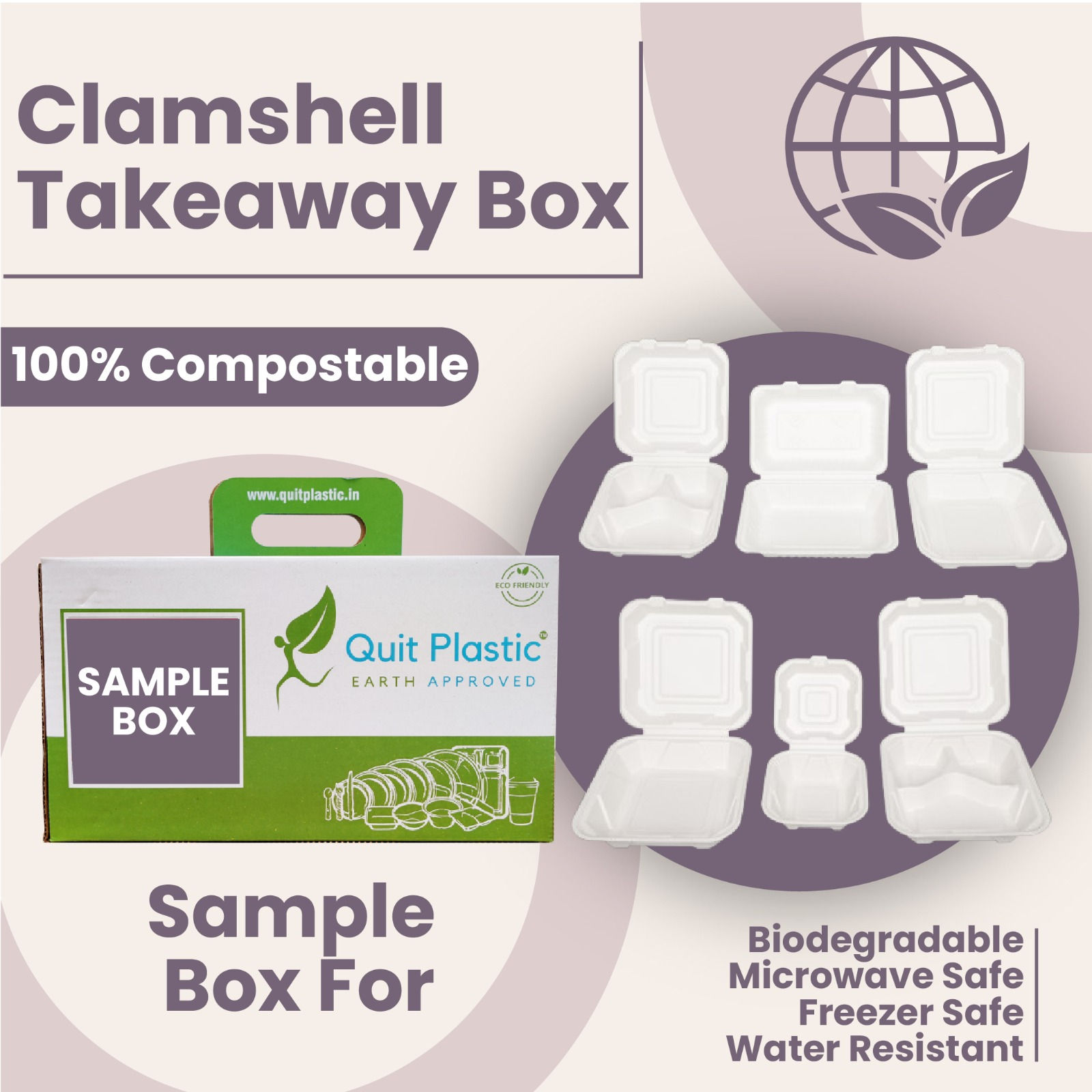 Sugarcane Bagasse Compostable Clamshell Bento Boxes – Sample Box & Range India