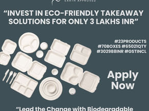 Display of sugarcane bagasse eco‑friendly takeaway boxes and plates for restaurant and food‑delivery use, highlighting biodegradable and compostable packaging solutions.