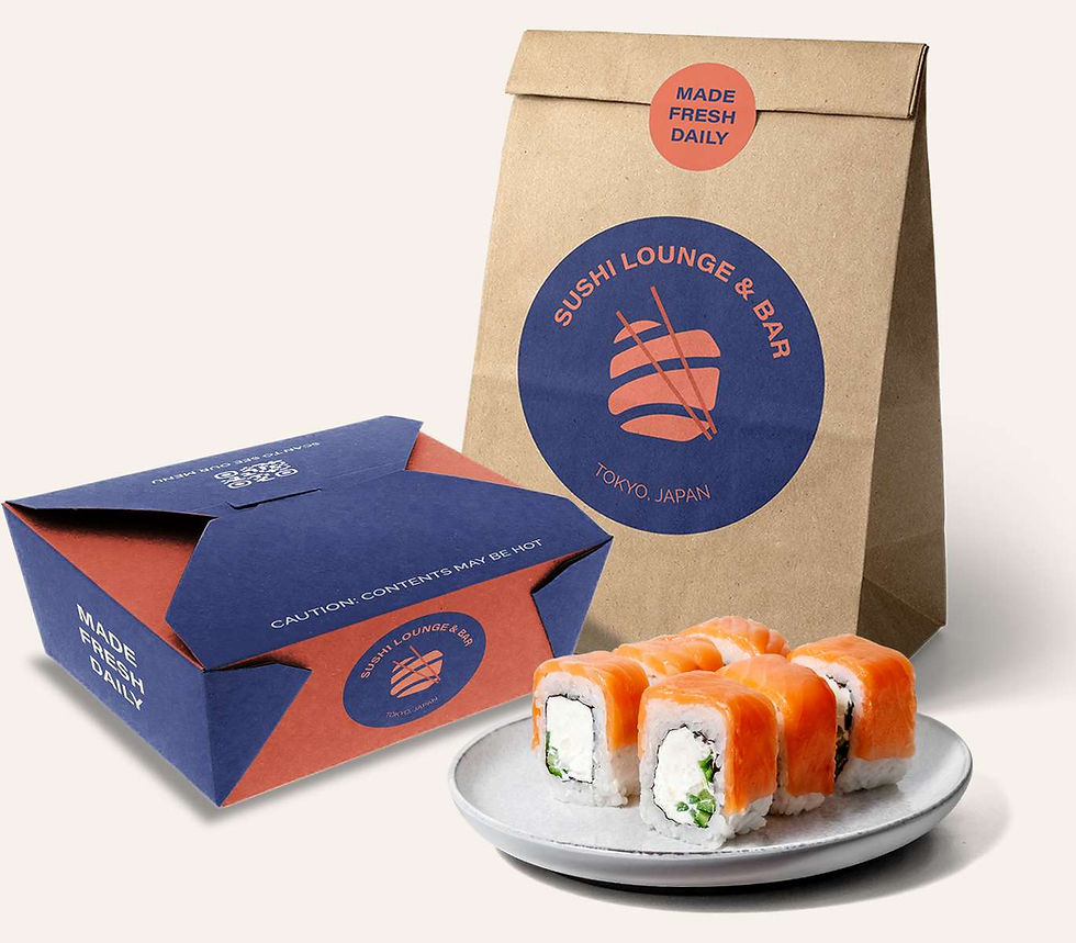 A photo of a sushi takeout package with a paper bag and a cardboard box. The sushi rolls are visible through the box window.