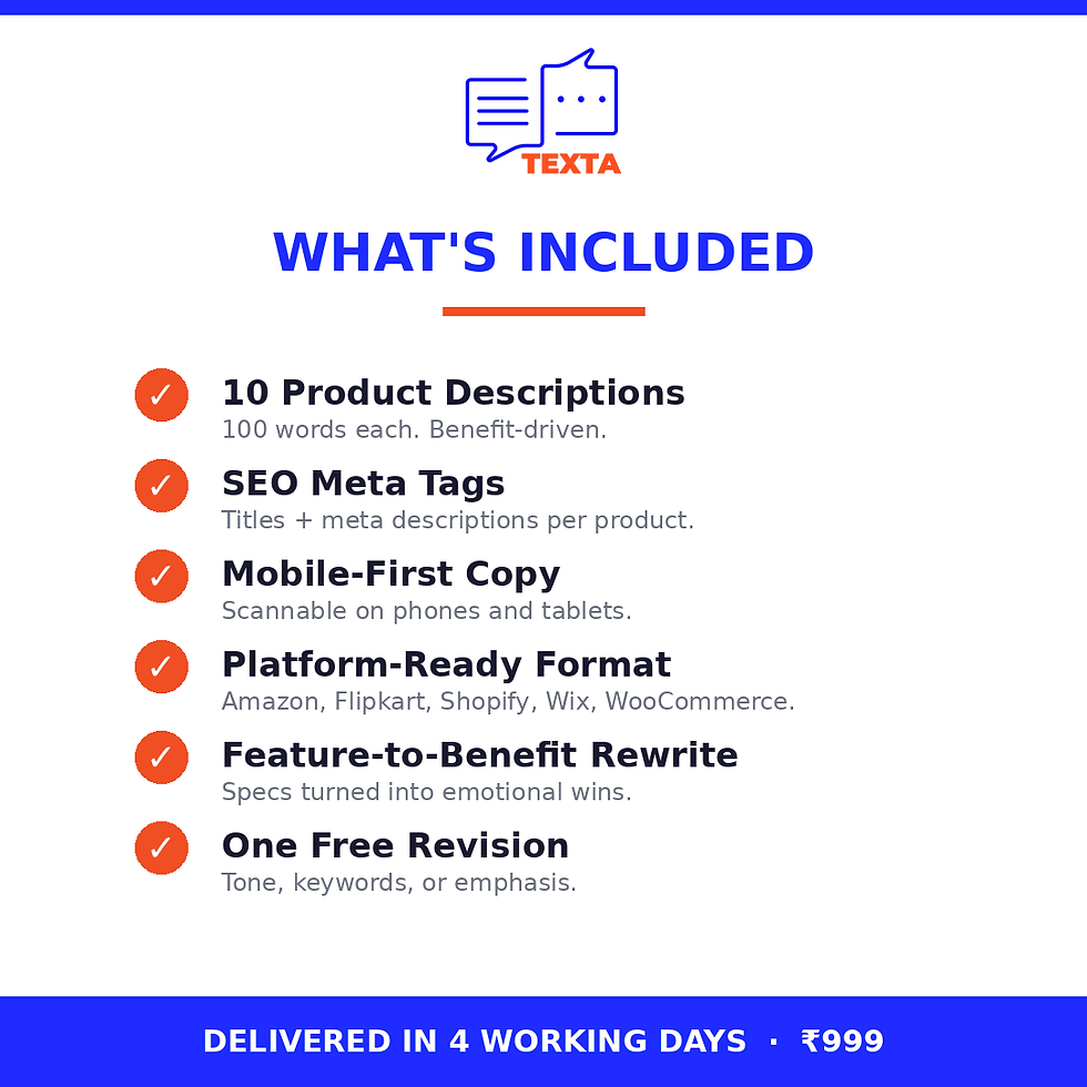 Quick Catalogue Pack includes — 10 product descriptions (100 words each), SEO meta tags, mobile-first copy, platform-ready