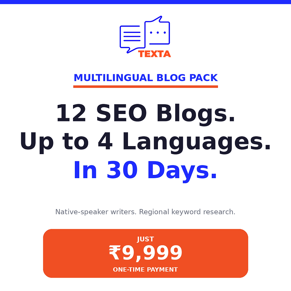 Texta Multilingual Blog Pack — 12 SEO blogs across up to 4 Indian languages. ₹9,999. In 30 working days.