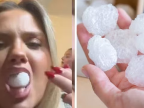"A hand holds biodegradable packing peanuts next to a misleading social media post claiming 'Edible Eco Snacks,' with a red 'X' overlay symbolizing danger."