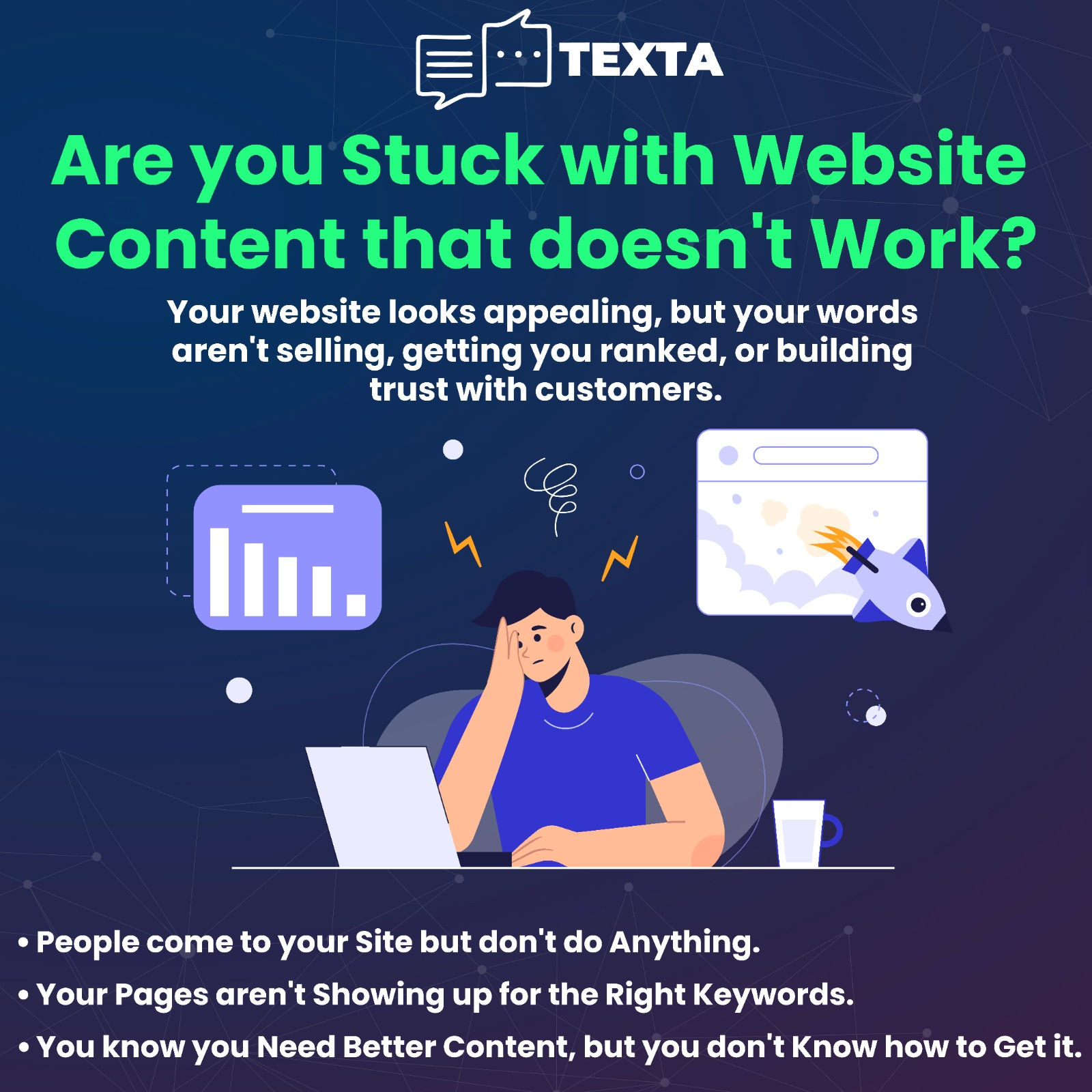 Frustrated business owner staring at laptop because website content is not ranking, not converting, and not building trust, h