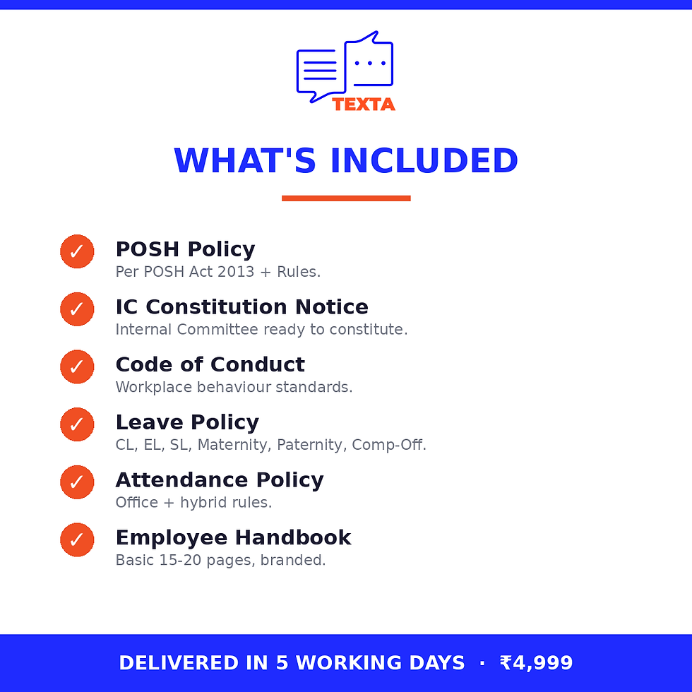 HR Policy Starter Pack includes POSH policy, IC notice, code of conduct, leave and attendance policies, handbook.