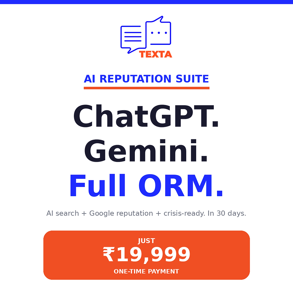 Texta AI Reputation Suite — ChatGPT, Gemini, Perplexity audit + full ORM. ₹19,999. In 30 working days.