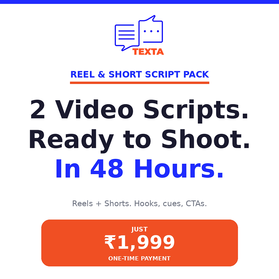 Texta Reel & Short Script Pack — 2 ready-to-shoot video scripts for Instagram Reels and YouTube Shorts. ₹1,999. 48 hours.