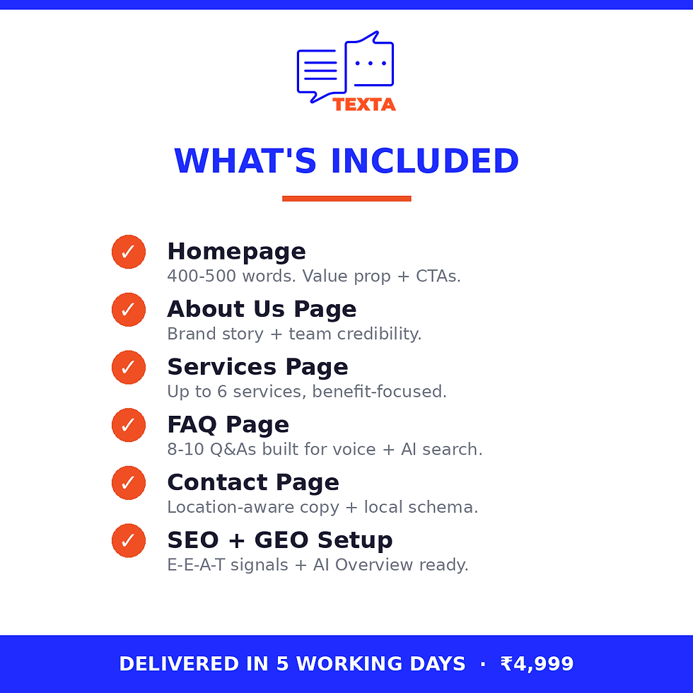 "What's included in the Texta Web Growth Pack — Homepage, About Us, Services, FAQ, Contact page content"