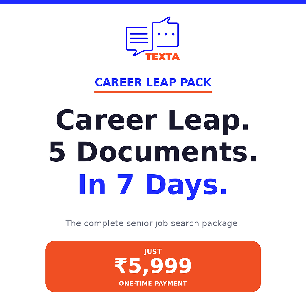 Texta Career Leap Pack — resume, LinkedIn, cover letter, interview prep, negotiation for senior roles. ₹5,999. 7 days.