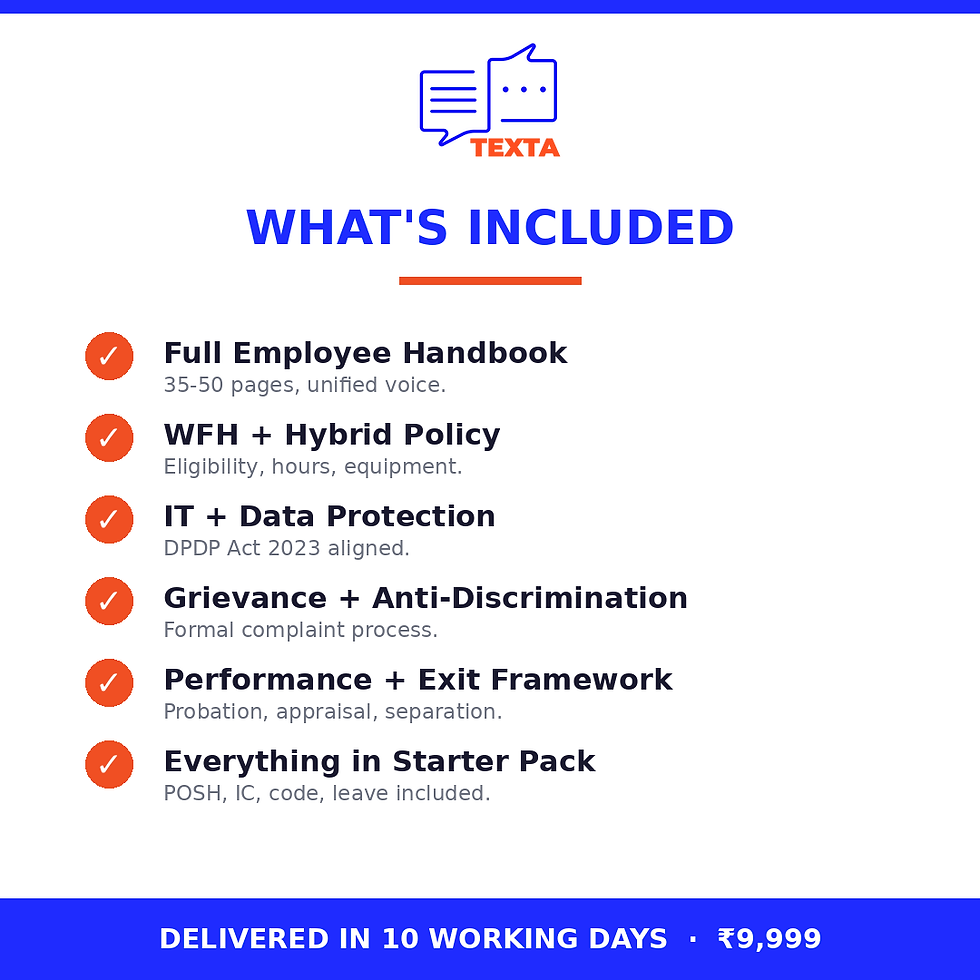 HR Policy Growth Pack includes full handbook, WFH, IT, DPDP data policy, grievance, performance, exit framework.