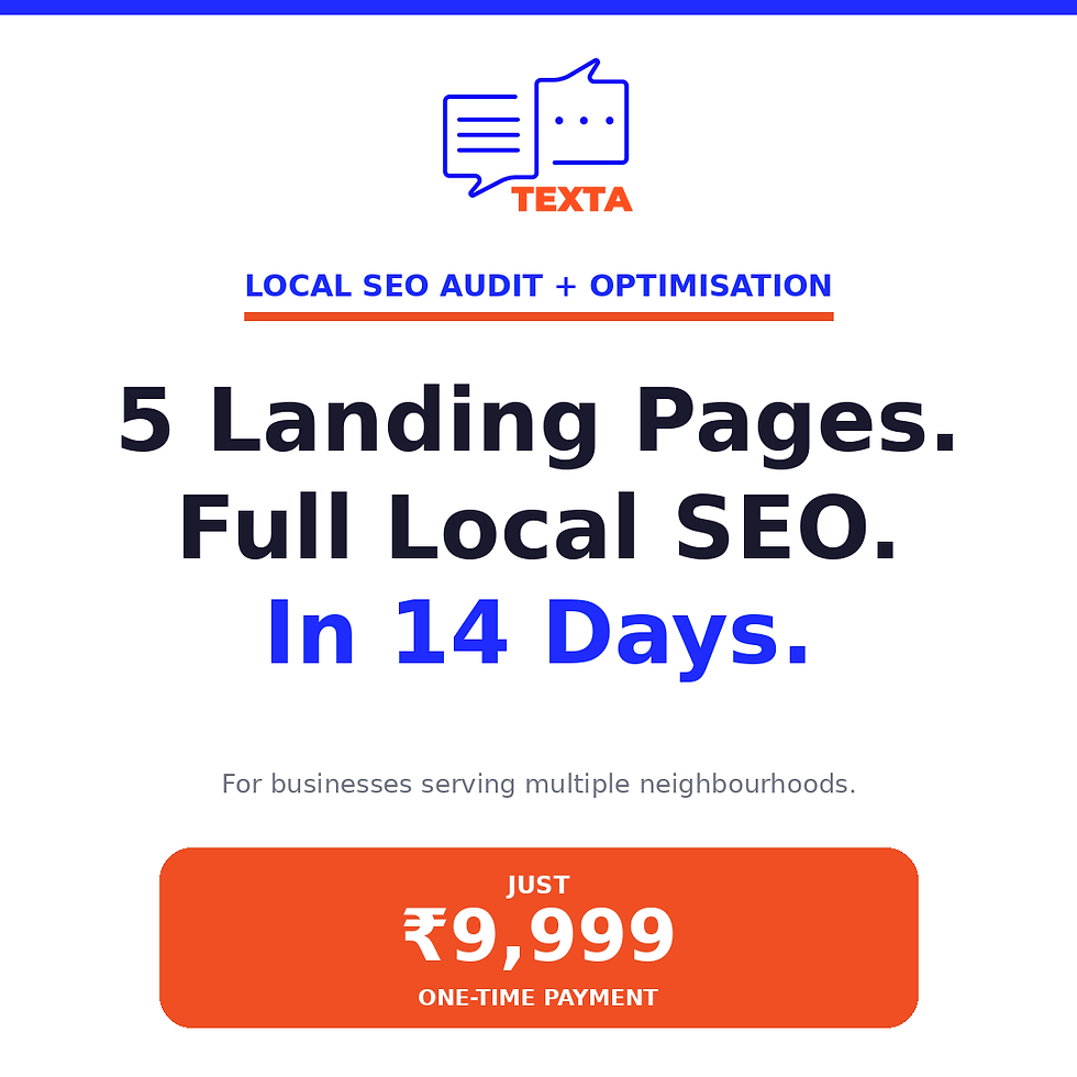 Texta Local SEO Audit + Optimisation — 5 neighbourhood landing pages + full local SEO. ₹9,999. In 14 days.