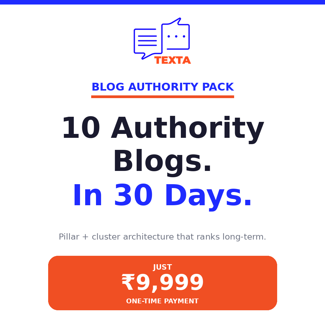 Texta Blog Authority Pack — 10 long-form SEO blog posts with pillar and cluster architecture for ₹9,999, delivered in 30 days