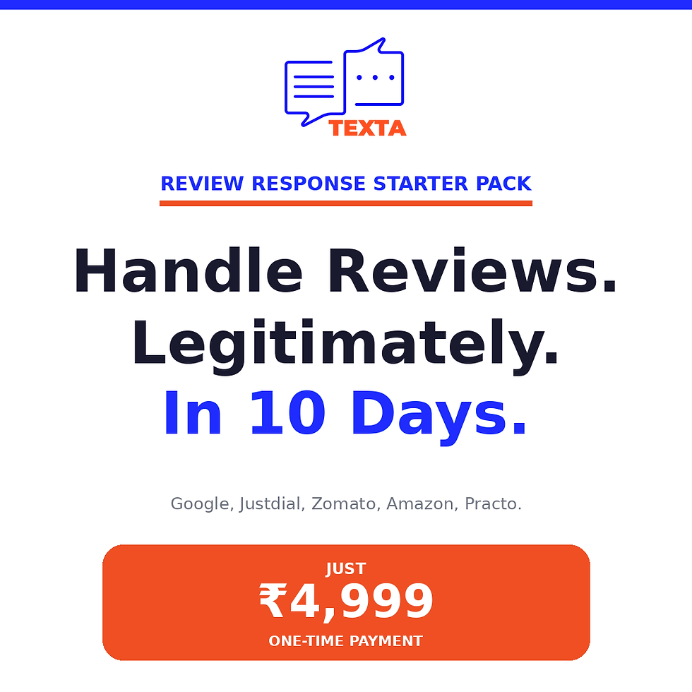 Texta Review Response Starter Pack — legitimate review management for Google, Justdial, Zomato, Amazon. ₹4,999. 10 days.