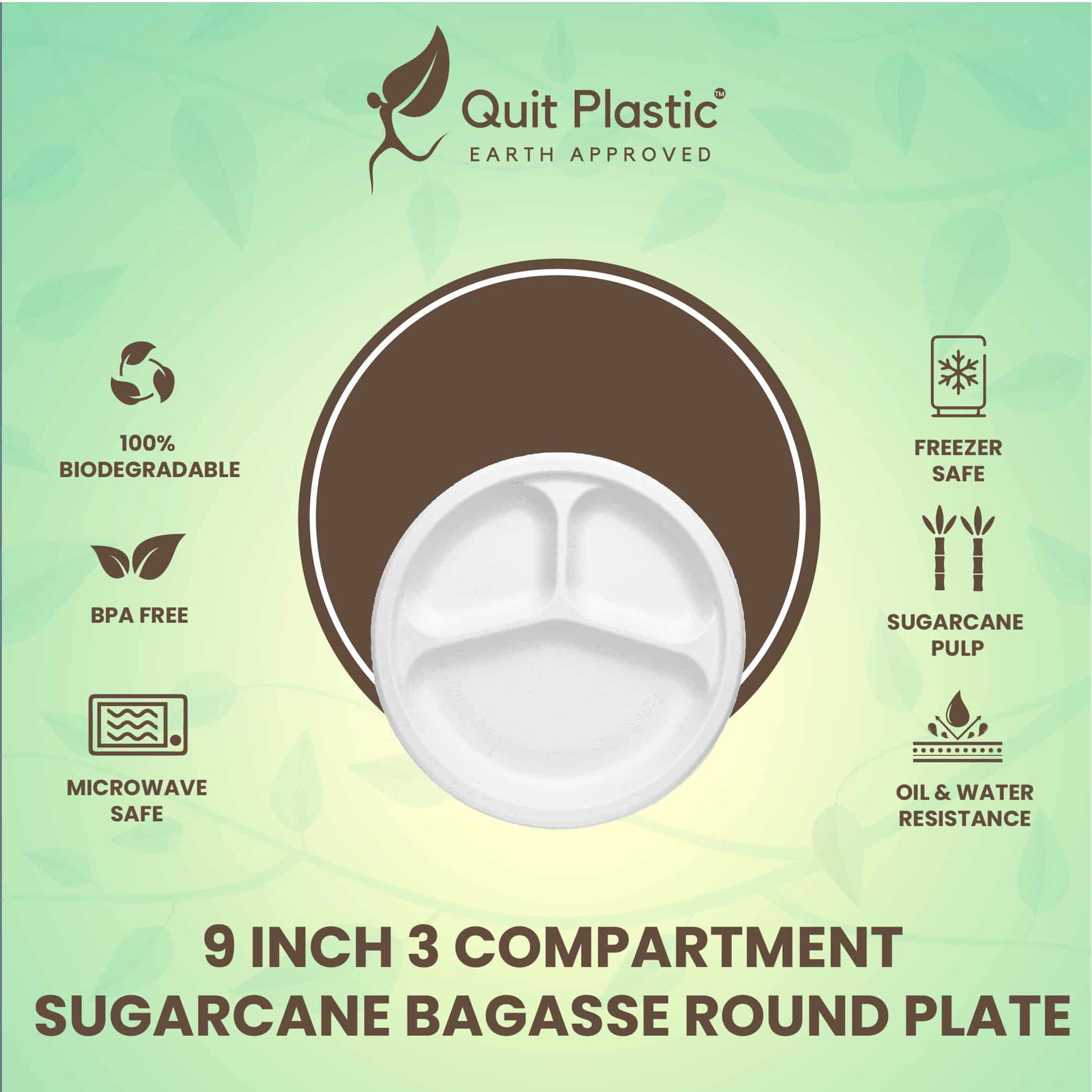 9-Inch Sugarcane Bagasse Plate Round 3 Compartment Dine-in - Biodegradable Compostable Eco-Friendly Disposable Tableware Indi