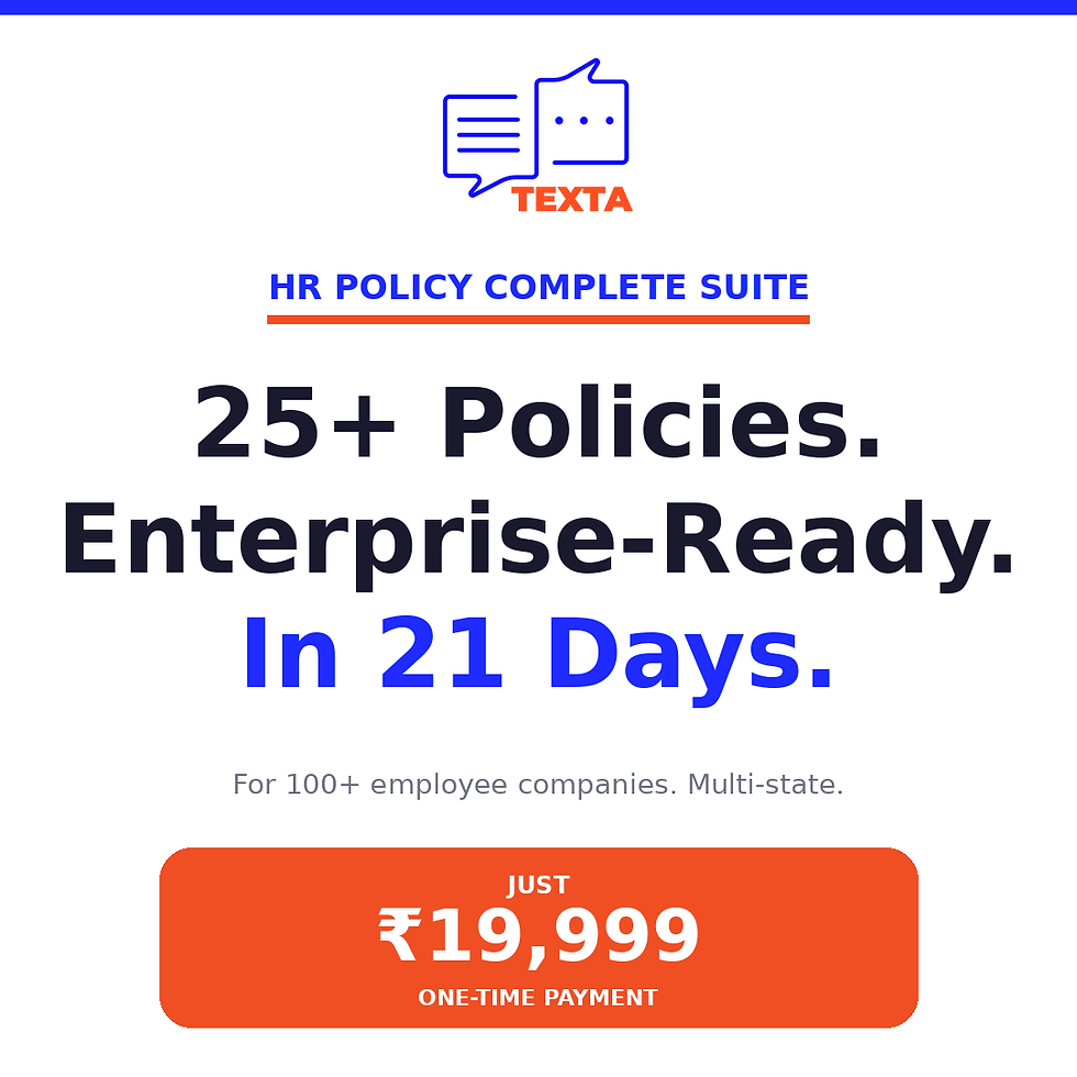 Texta HR Policy Complete Suite — 25+ enterprise policies + standing orders. ₹19,999. In 21 days.