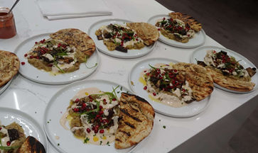 On One plate you will have 2 types of Eggplant - Roasted on open fire to give smoky flavour
&
- Roasted with warm spices to give Middle Eastern touch

To them we add Lebanese tahini, Olive Oil, Pomegranate, Herbs, &  they served with our In-House baked Bread

ThinkOFood catering Andrey Kravchenko Chef private catering Toronto GTA YouTube channel professional chef dinning experience restaurant
Think of Food Ltd.