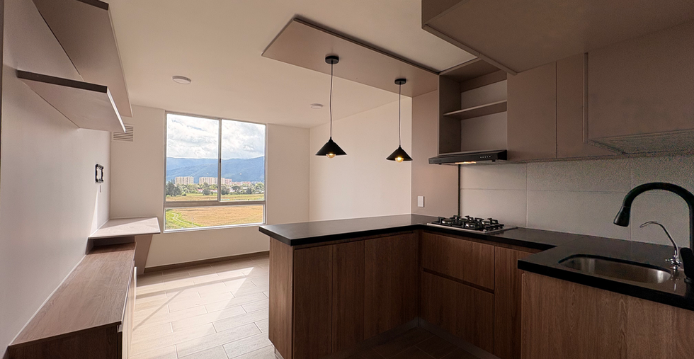 Cocina integral y sala-comedor con acabados Livii — apartamento VIS en Bogotá, proyecto NOVA Tramonte