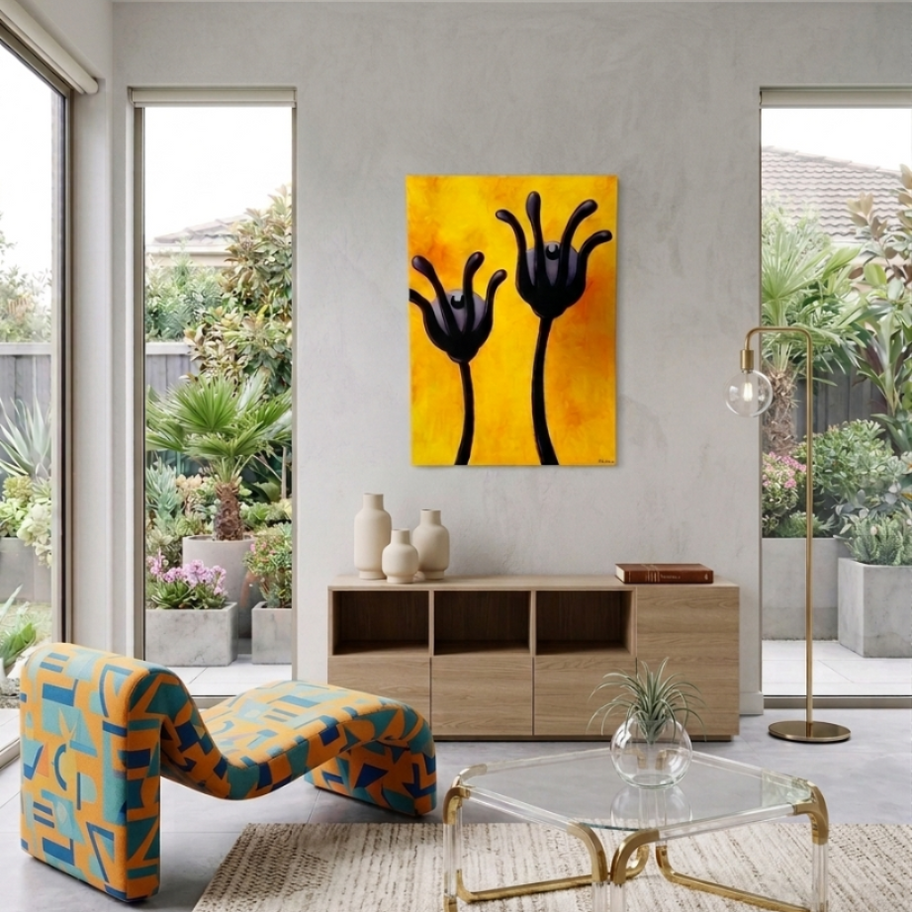 Stretching, creepy-cute pop-surrealist art displayed on a modern living room wall. Modern art from Finland by Hanna Rinne.