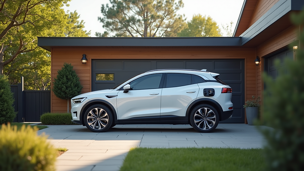 Eye-level view of a self-charging electric vehicle parked in a driveway