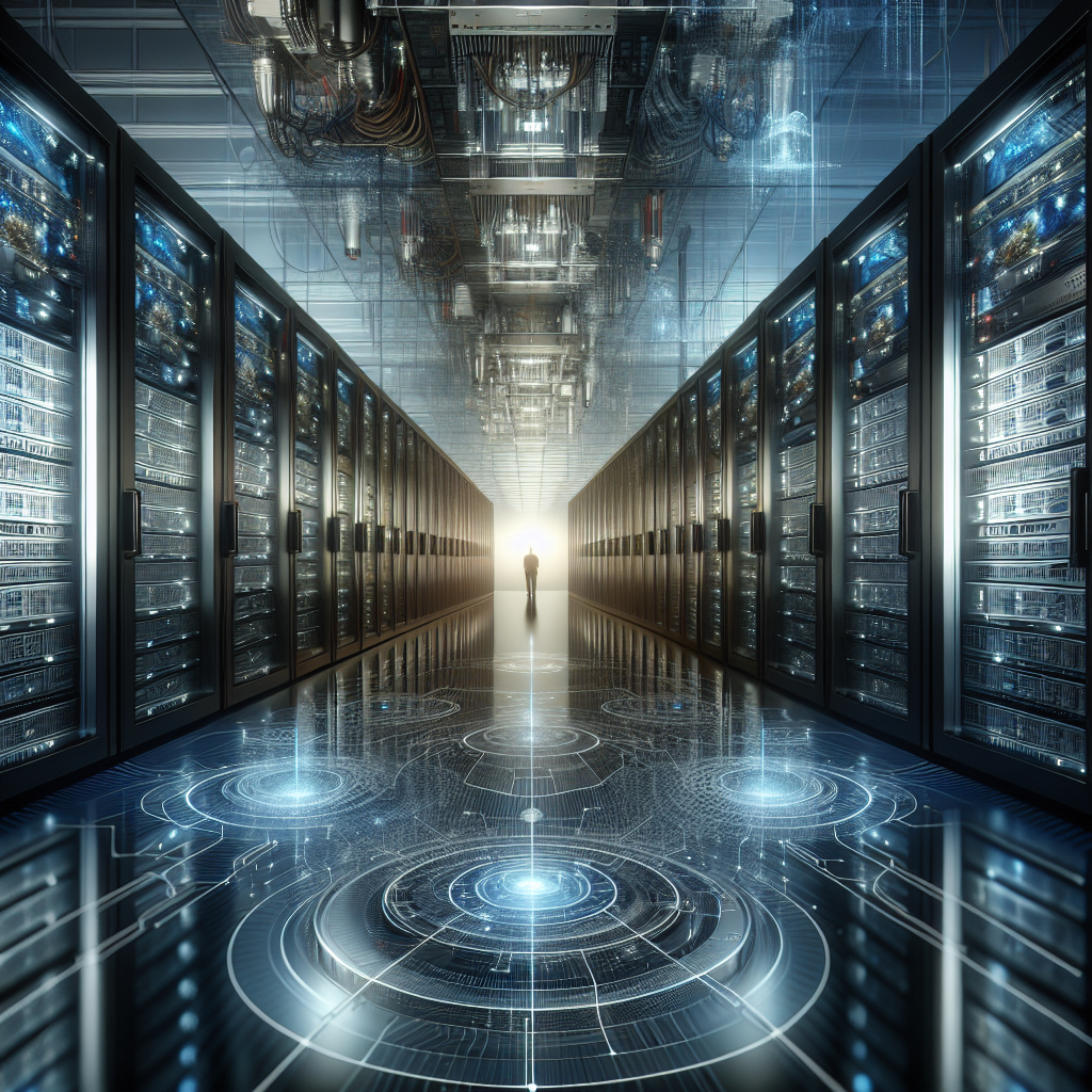 A solitary figure walks down an illuminated server room aisle. The futuristic environment features glowing circuits on the floor and walls.