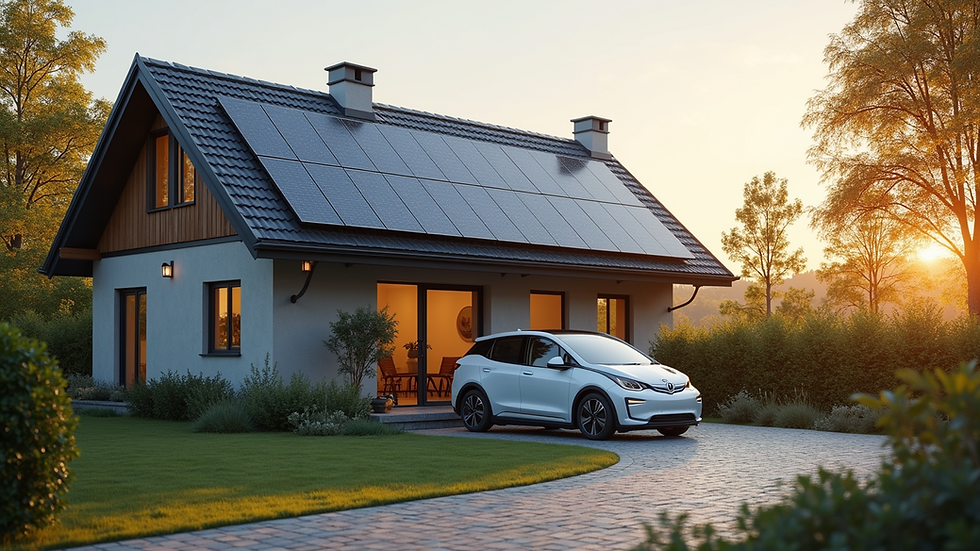 High angle view of a home with solar panels and an electric vehicle