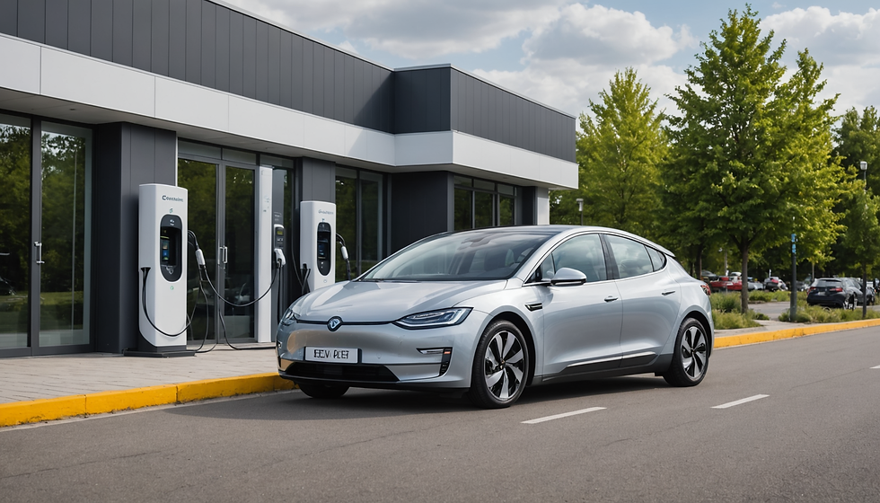 Silver electric car parked at a charging station outside a modern building. Green trees line the background. Mood is calm and eco-friendly.