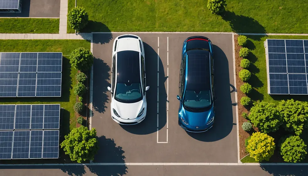 Two cars, white and blue, parked between solar panels in a green urban area. Sunny day, aerial view, emphasizing sustainability.