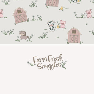 Farm Fresh Snuggles logo in soft brown script with floral accents — whimsical barnyard friends wrapped in country charm.
