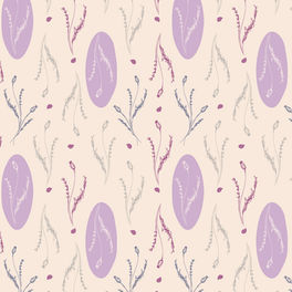 Hand-drawn coordinate pattern with lilac oval motifs and delicate botanical sprigs in blush and blue on a cream background