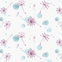 Delicate dandelion seed pattern in soft teal and plum tones on a white background — airy botanical design by Sabrina’s Canvas.