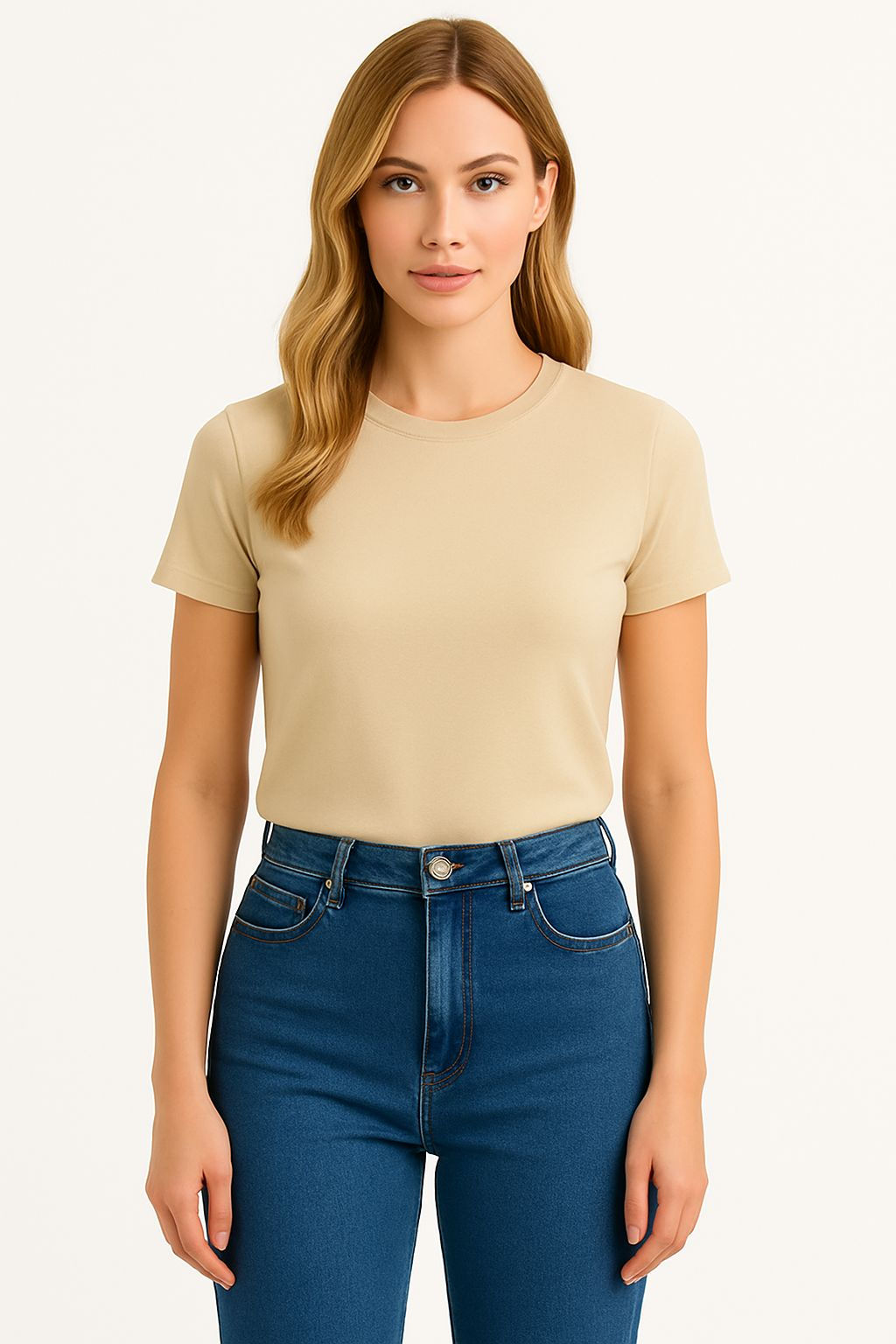 2025 Summer Premium Bej Kısa Kol Tshirt %100 Pamuk Relax Fit Bisiklet Yaka