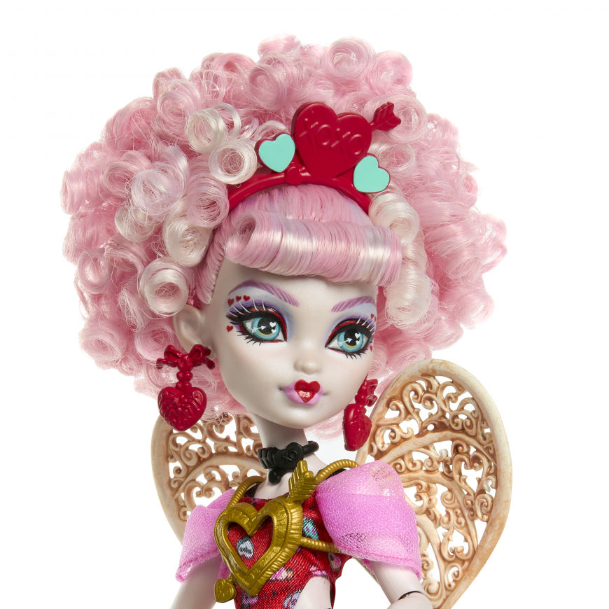 Boneca Cupido Asteria de Monster High de cabelo rosa, coroa de coração e asas douradas