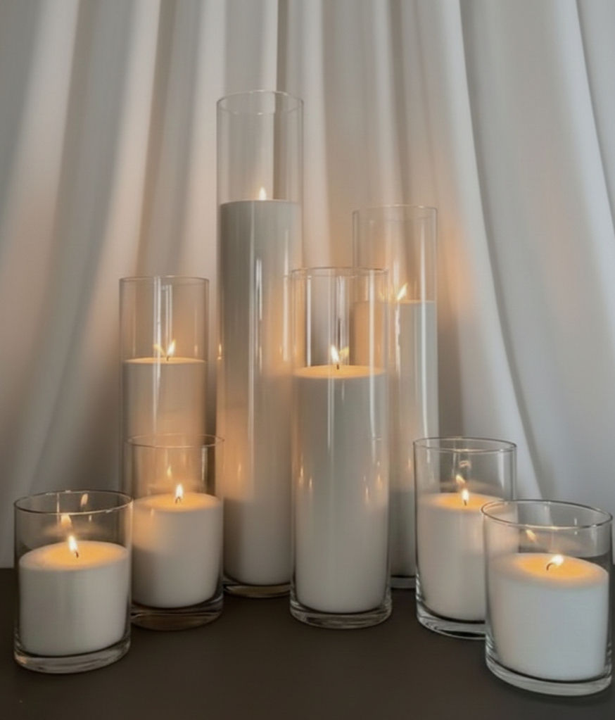 Close-up view of elegant white pillar candles arranged on a wooden table