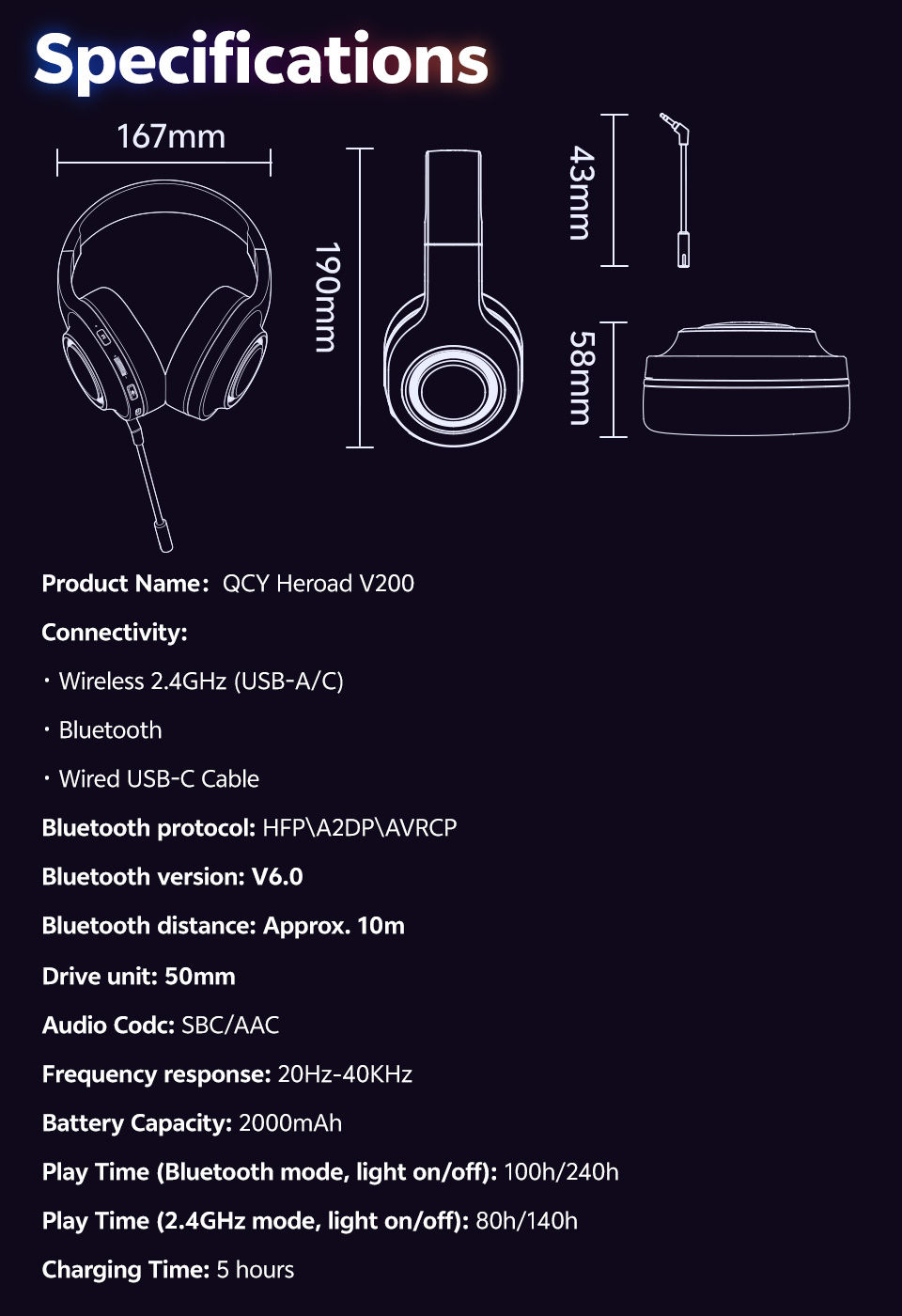 Miniatura: QCY Heroad V200 Gaming Over Ear Headphone Wireless Bluetooth 6.0 with Mic 50mm D