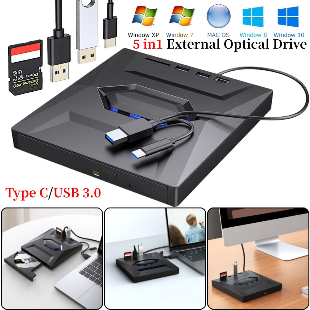 5 in1 USB 3.0/Type C External DVD CD RW Optical Drive VCD Player Disk Drive DVD 
