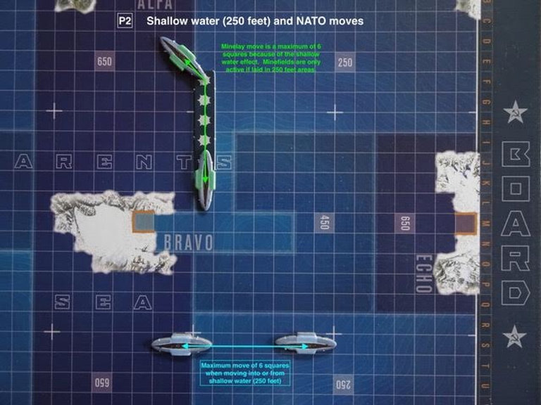 NATO submarines moving through different water depths in the board game THEY COME UNSEEN