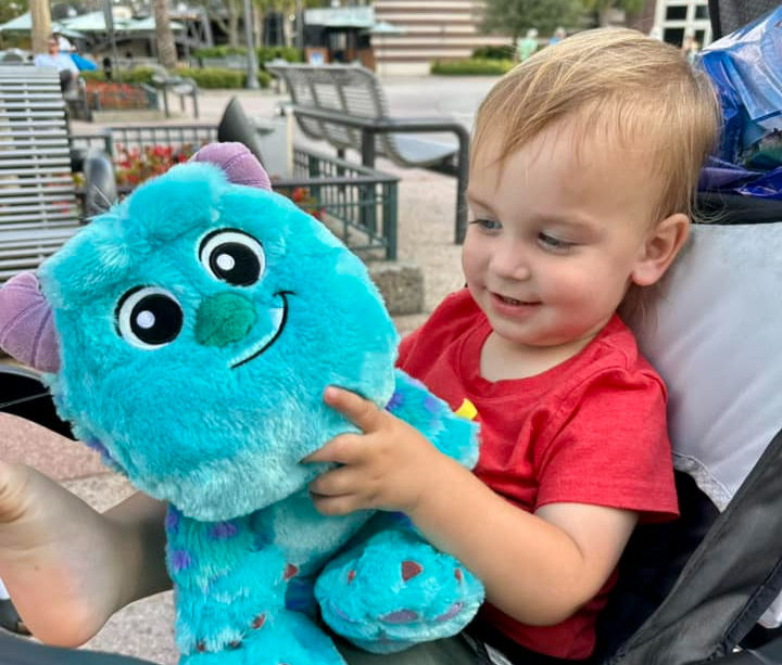 baby holding a sully stuffed animal from Monster's Inc