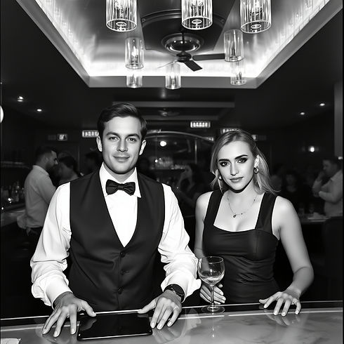 highend nightclub with model looking servers more conservative club clothing, black and wh