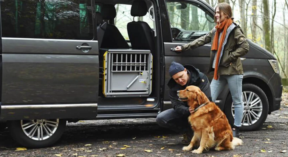 woman and man with golden retriever next to van with kennel inside