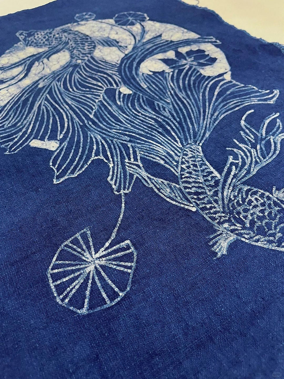 Intricate Miao batik artwork set against a rich indigo background.