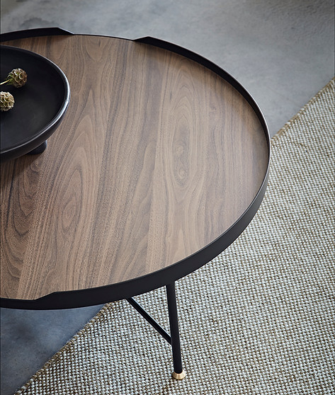 Monty coffee table in Walnut with black frame and brass feet by DARE
